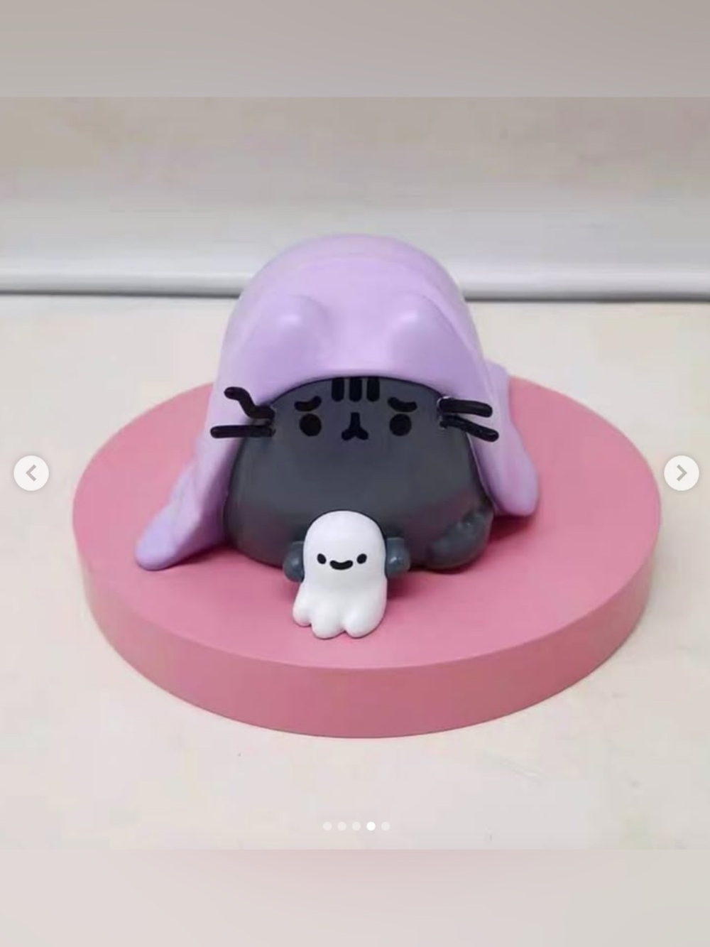 Pusheen Gray Cat Figurine with Lavender Blanket and Pink Base